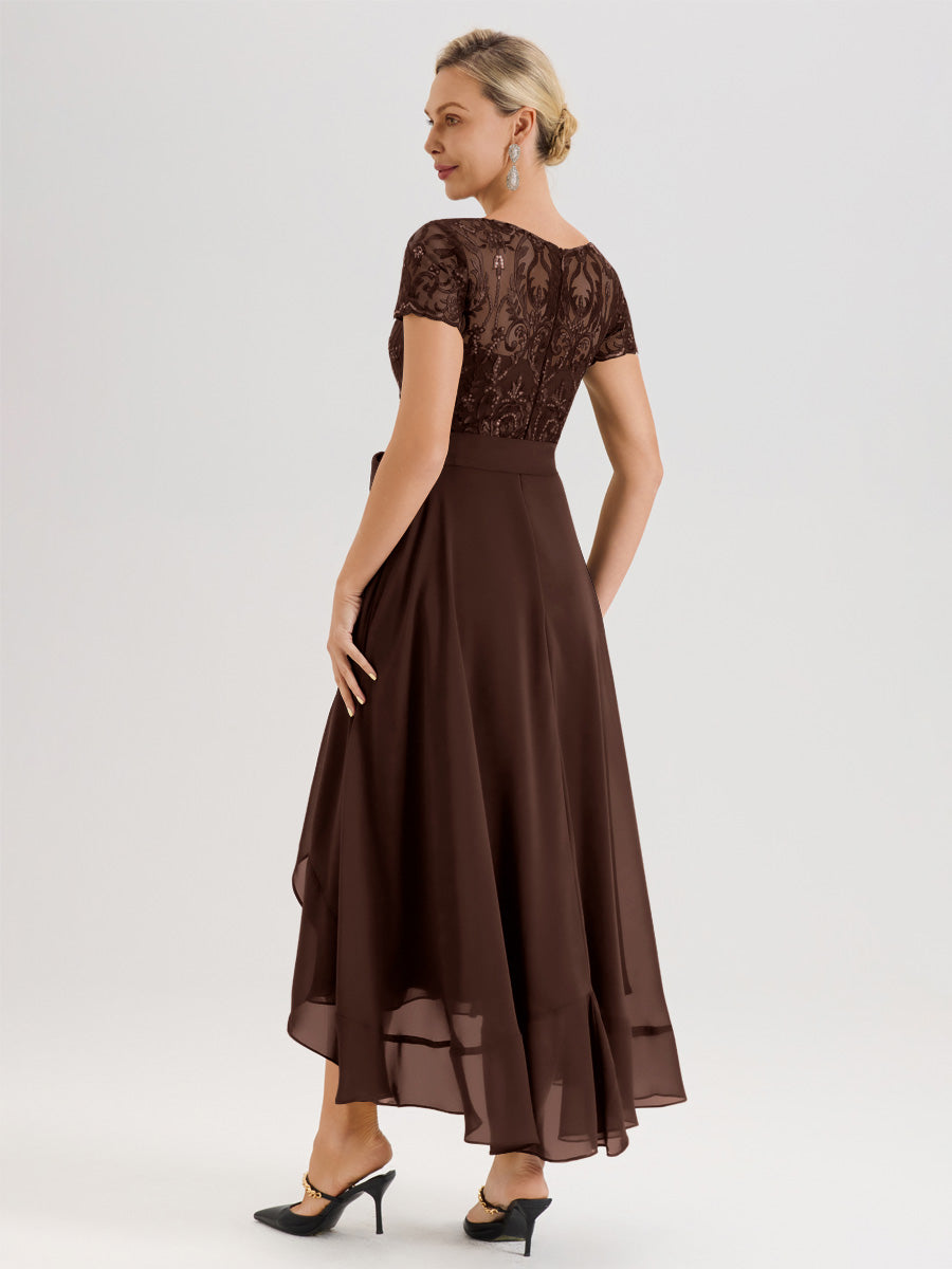 Cicinia Chocolat Robe De Mère De La Mariée Longue À Ourlet Asymétrique Ligne A En Dentelle Et Mousseline À Col Rond Et Manches Demi