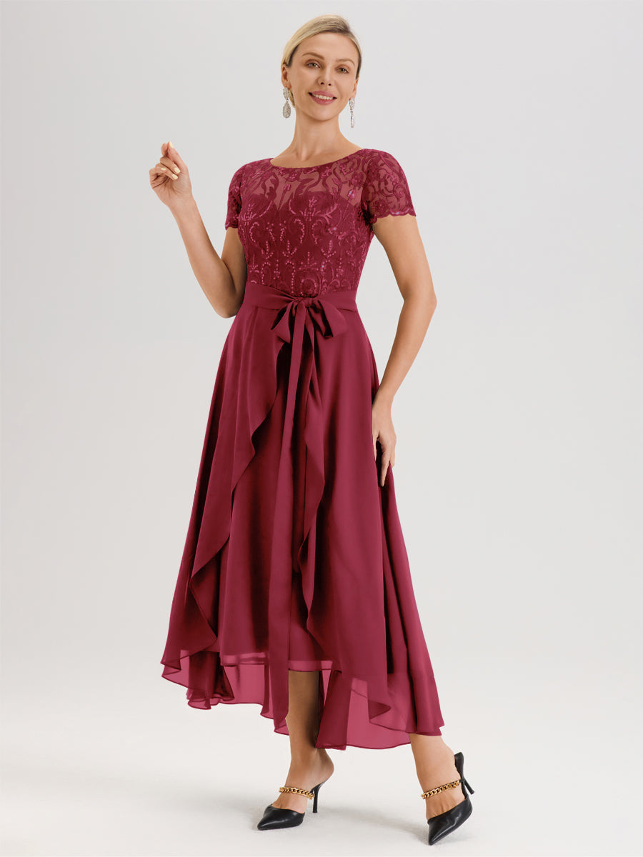 Cicinia Rose Cannelle Robe De Mère De La Mariée Longue À Ourlet Asymétrique Ligne A En Dentelle Et Mousseline À Col Rond Et Manches Demi