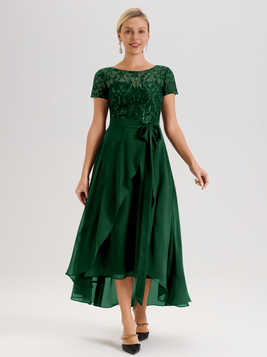 Cicinia Vert Foncé Robe De Mère De La Mariée Longue À Ourlet Asymétrique Ligne A En Dentelle Et Mousseline À Col Rond Et Manches Demi