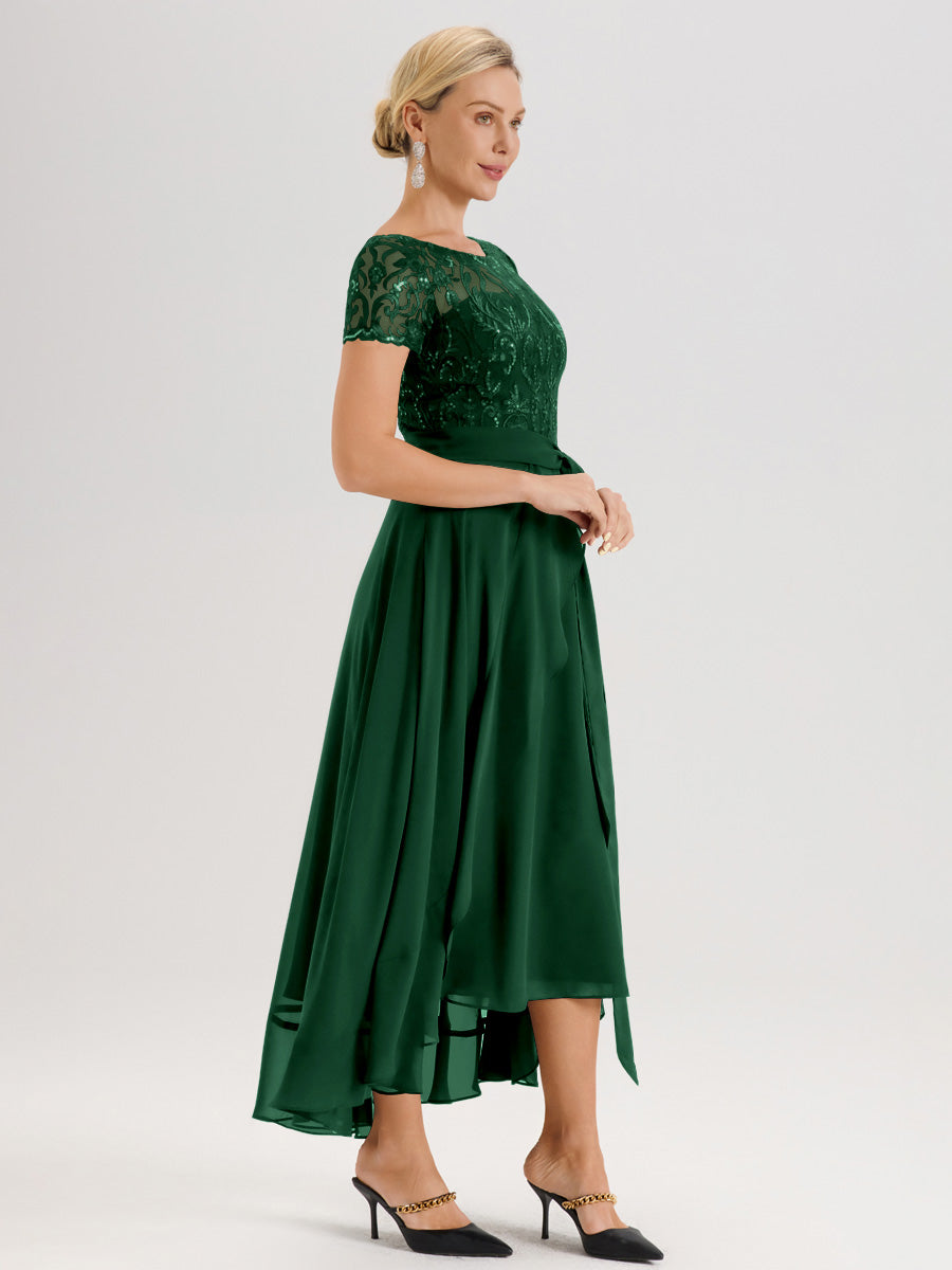 Cicinia Vert Foncé Robe De Mère De La Mariée Longue À Ourlet Asymétrique Ligne A En Dentelle Et Mousseline À Col Rond Et Manches Demi