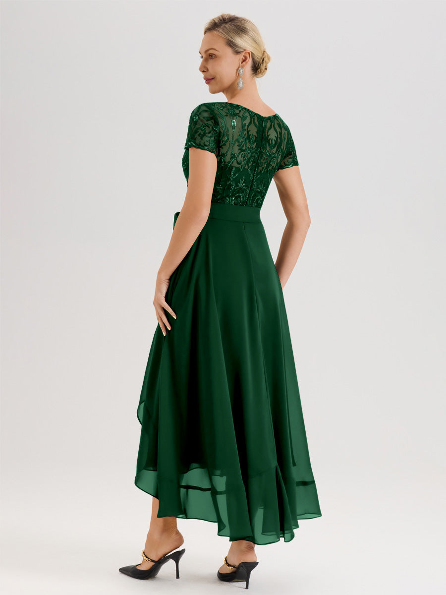 Cicinia Vert Foncé Robe De Mère De La Mariée Longue À Ourlet Asymétrique Ligne A En Dentelle Et Mousseline À Col Rond Et Manches Demi