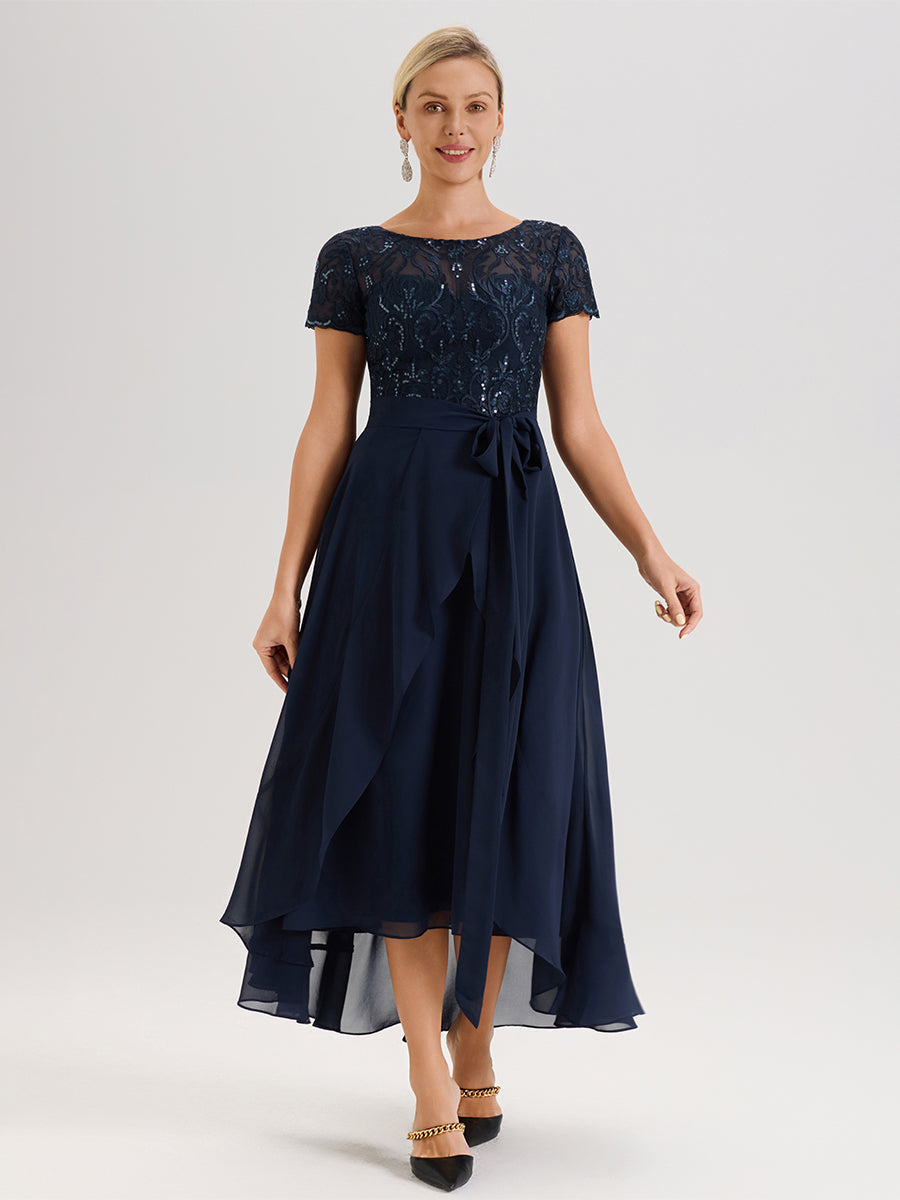 Cicinia Bleu Marine Robe De Mère De La Mariée Longue À Ourlet Asymétrique Ligne A En Dentelle Et Mousseline À Col Rond Et Manches Demi