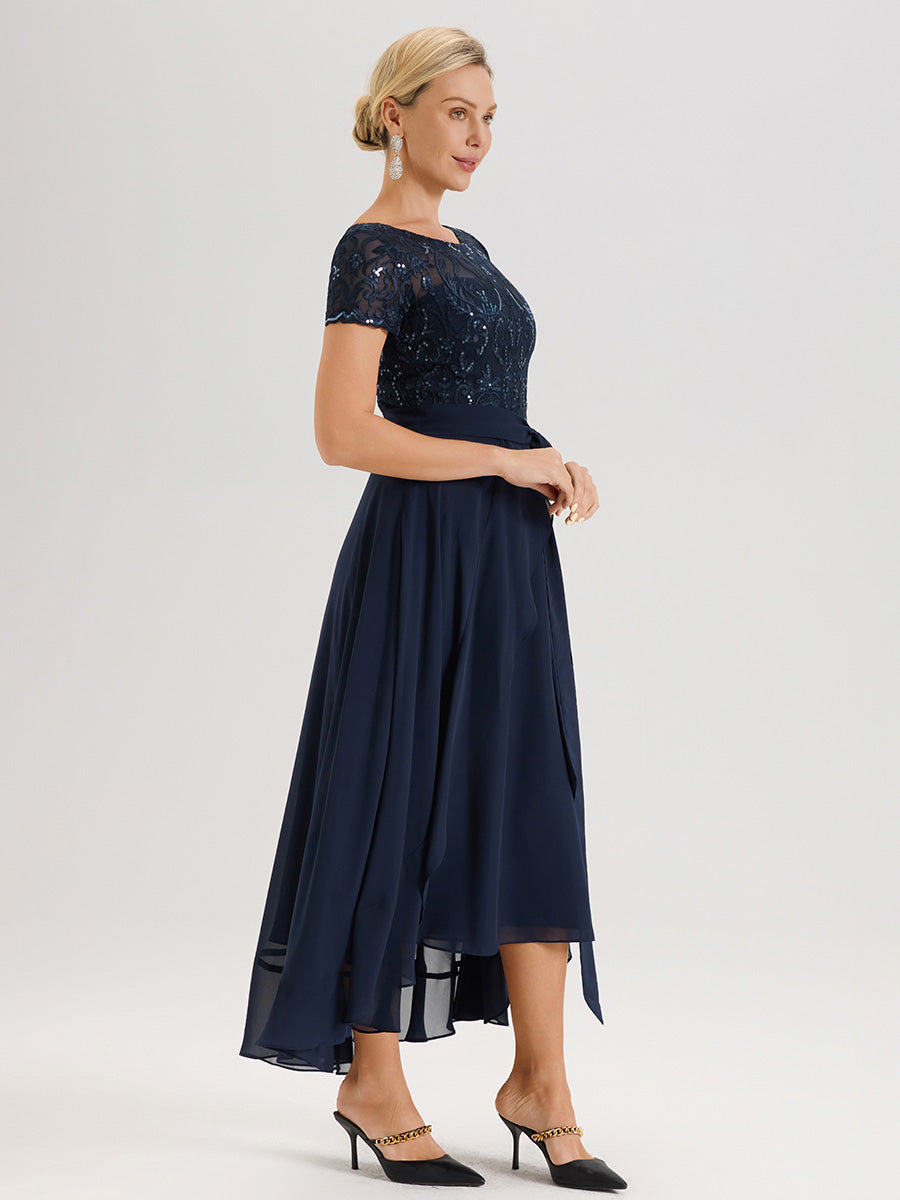 Cicinia Bleu Marine Robe De Mère De La Mariée Longue À Ourlet Asymétrique Ligne A En Dentelle Et Mousseline À Col Rond Et Manches Demi