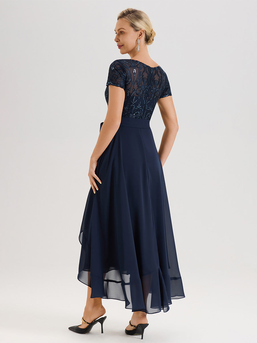Cicinia Bleu Marine Robe De Mère De La Mariée Longue À Ourlet Asymétrique Ligne A En Dentelle Et Mousseline À Col Rond Et Manches Demi