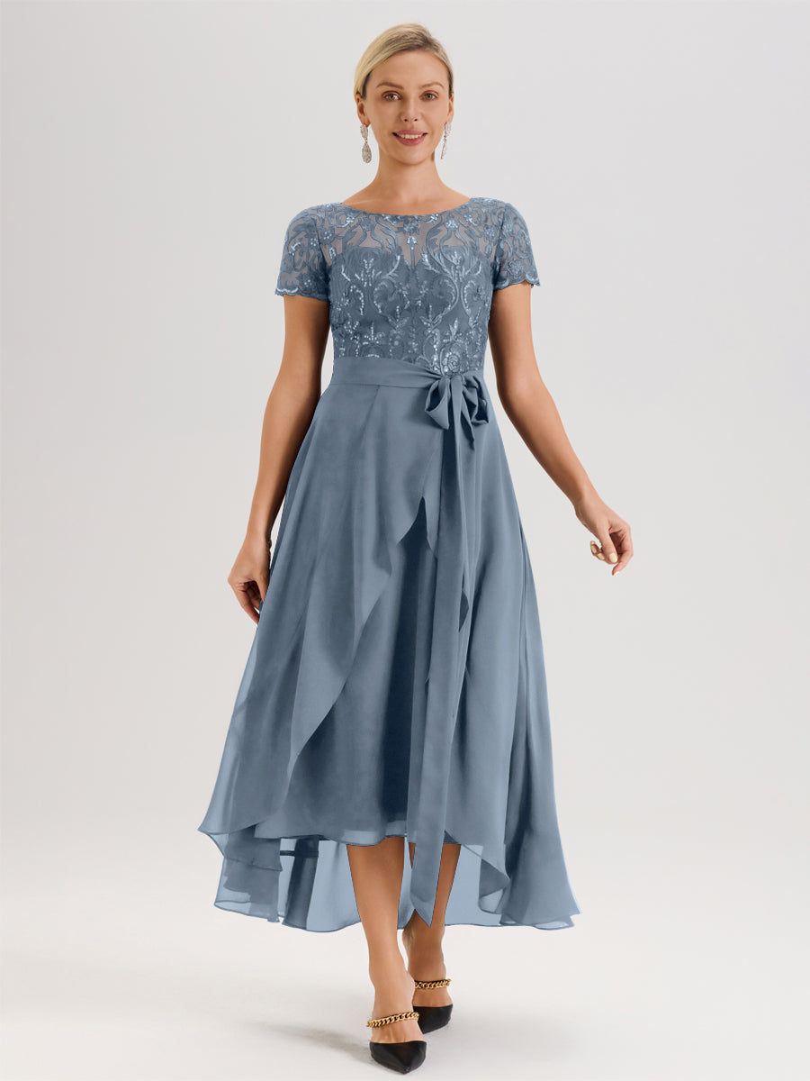 Cicinia Bleu Poudré Robe De Mère De La Mariée Longue À Ourlet Asymétrique Ligne A En Dentelle Et Mousseline À Col Rond Et Manches Demi