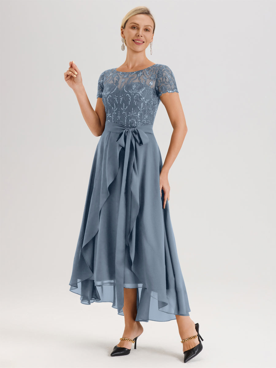 Cicinia Bleu Poudré Robe De Mère De La Mariée Longue À Ourlet Asymétrique Ligne A En Dentelle Et Mousseline À Col Rond Et Manches Demi