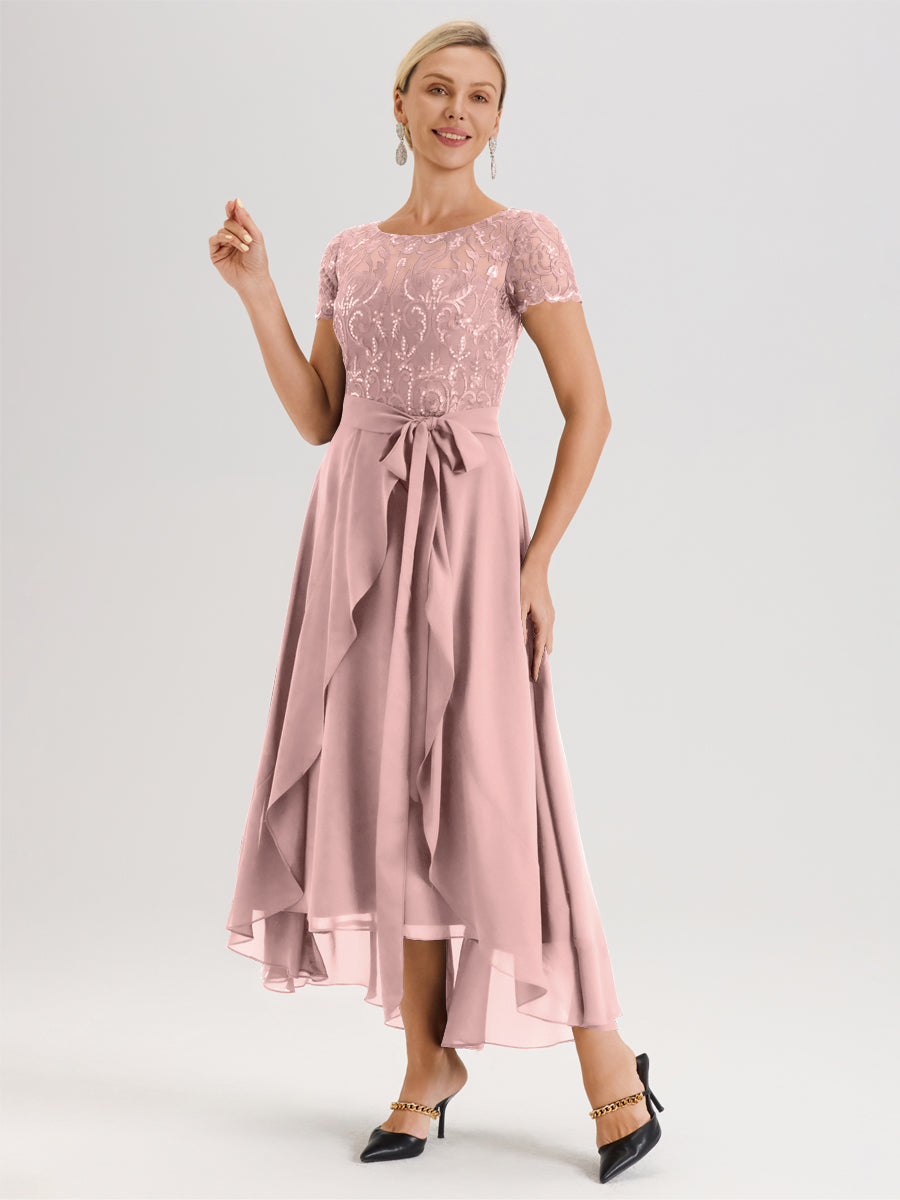 Cicinia Rose Poudré Robe De Mère De La Mariée Longue À Ourlet Asymétrique Ligne A En Dentelle Et Mousseline À Col Rond Et Manches Demi