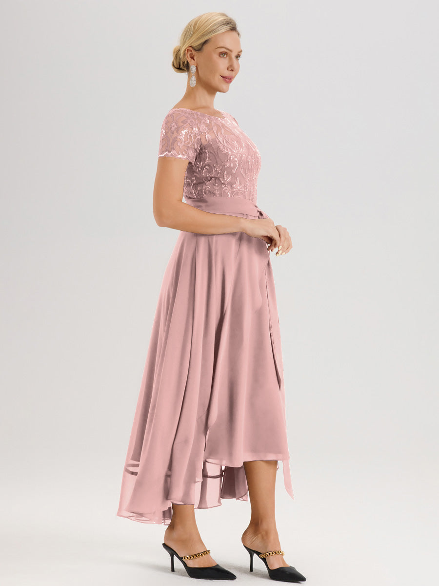 Cicinia Rose Poudré Robe De Mère De La Mariée Longue À Ourlet Asymétrique Ligne A En Dentelle Et Mousseline À Col Rond Et Manches Demi