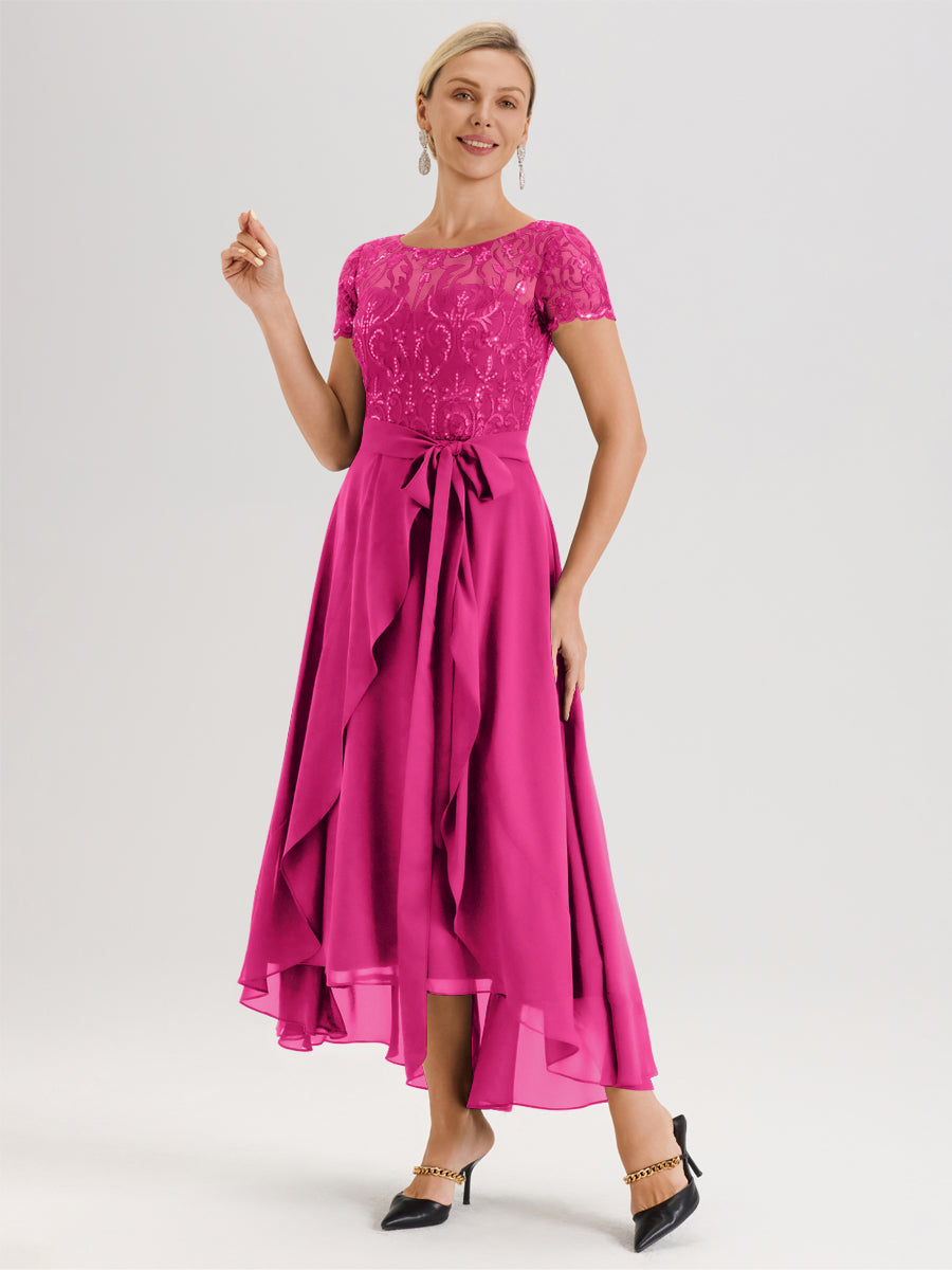 Cicinia Fuchsia Robe De Mère De La Mariée Longue À Ourlet Asymétrique Ligne A En Dentelle Et Mousseline À Col Rond Et Manches Demi