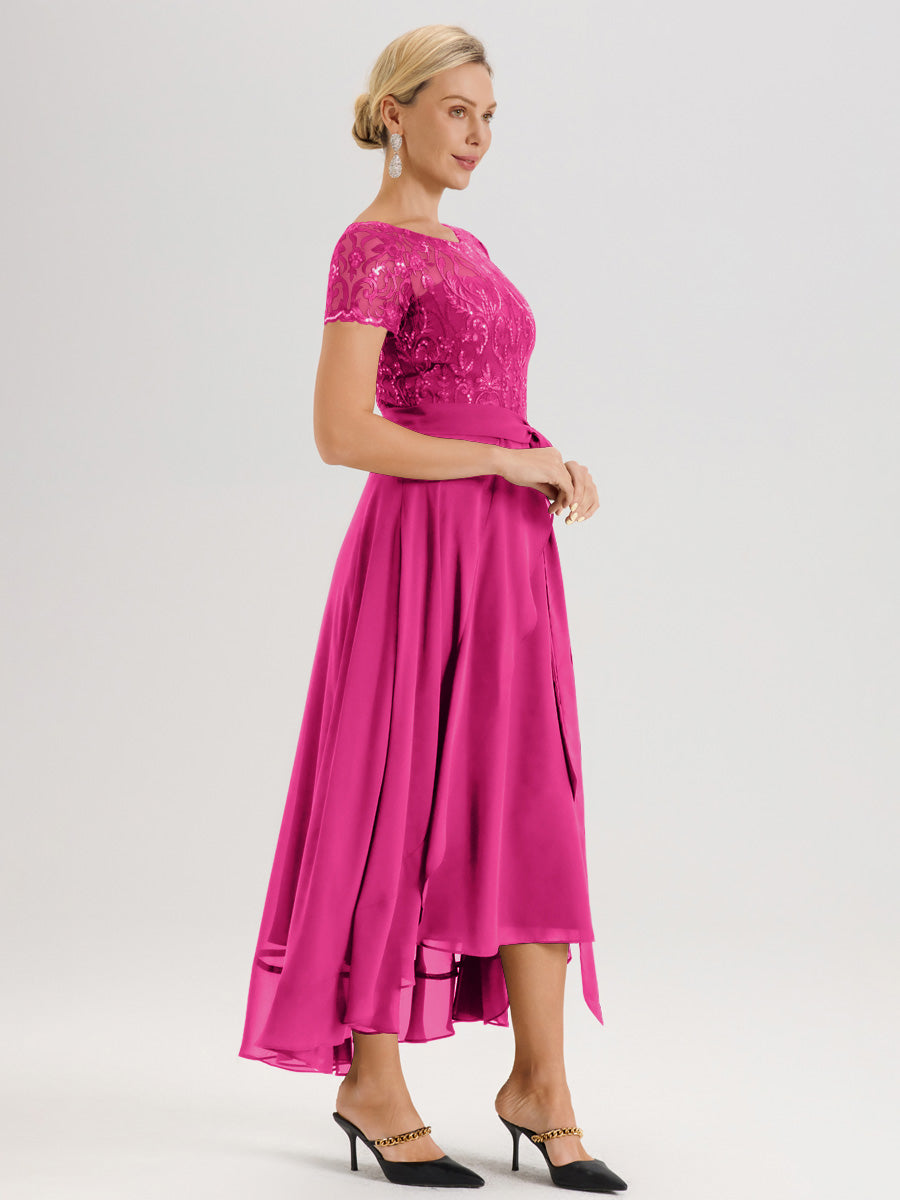 Cicinia Fuchsia Robe De Mère De La Mariée Longue À Ourlet Asymétrique Ligne A En Dentelle Et Mousseline À Col Rond Et Manches Demi