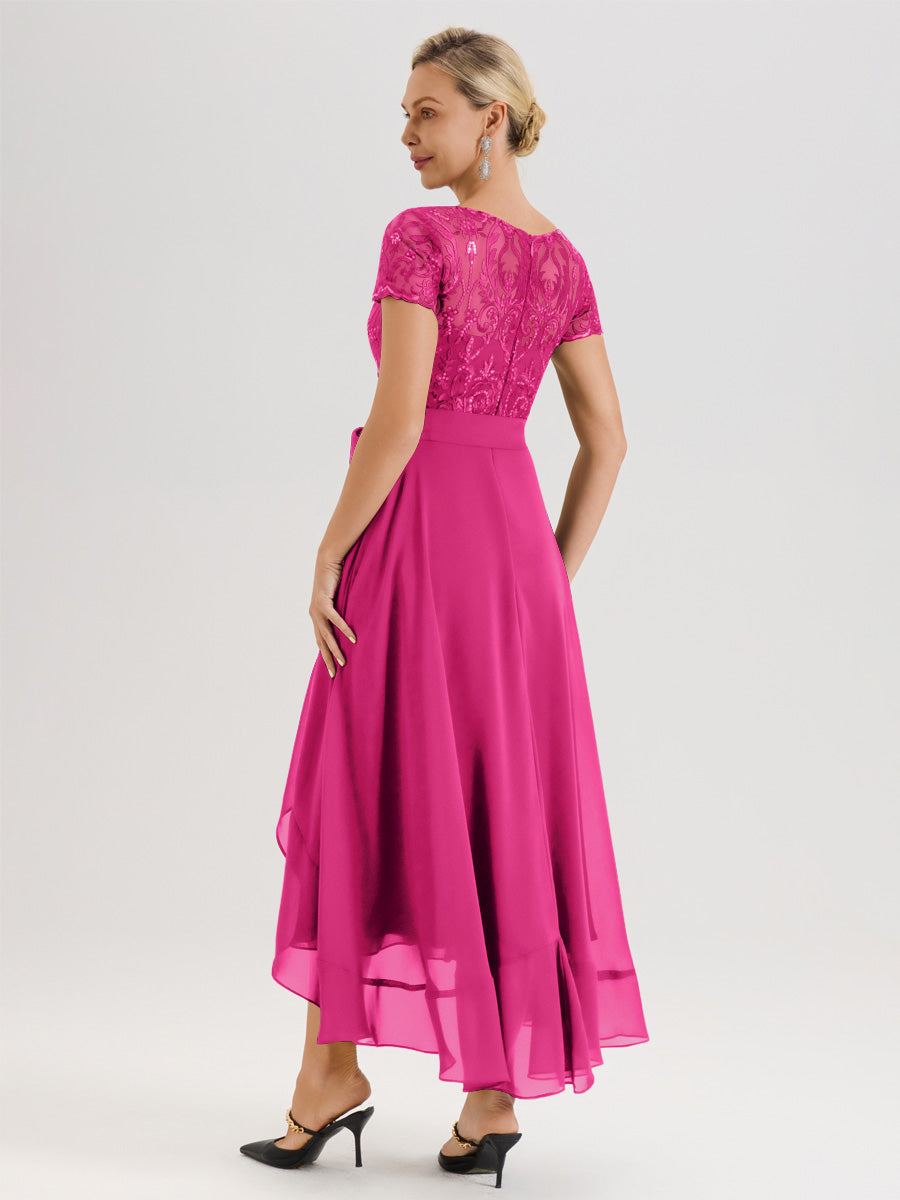 Cicinia Fuchsia Robe De Mère De La Mariée Longue À Ourlet Asymétrique Ligne A En Dentelle Et Mousseline À Col Rond Et Manches Demi