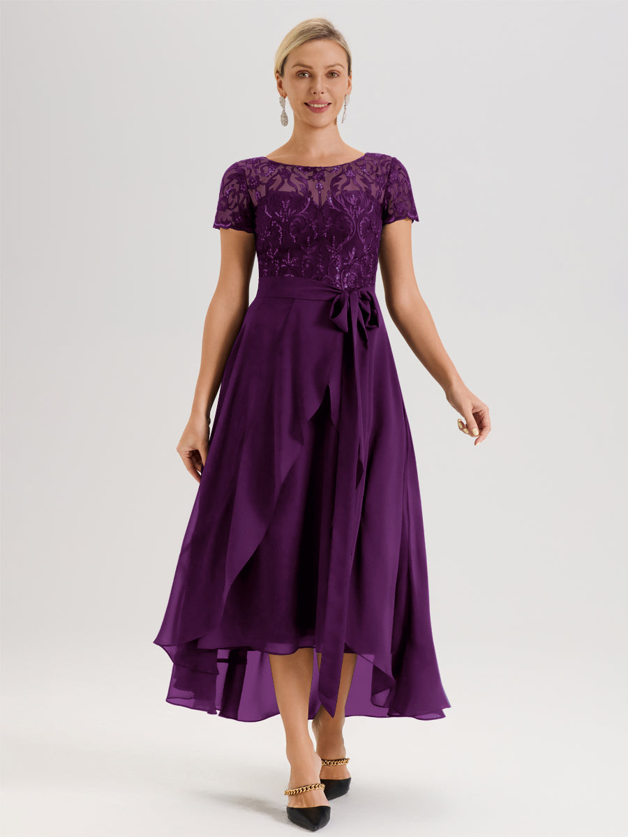 Cicinia Raisin Robe De Mère De La Mariée Longue À Ourlet Asymétrique Ligne A En Dentelle Et Mousseline À Col Rond Et Manches Demi
