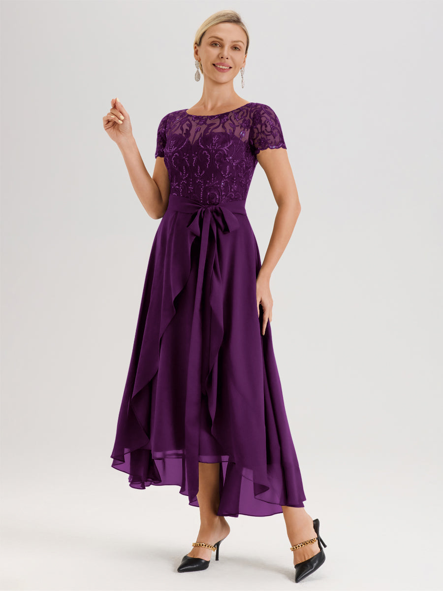 Cicinia Raisin Robe De Mère De La Mariée Longue À Ourlet Asymétrique Ligne A En Dentelle Et Mousseline À Col Rond Et Manches Demi