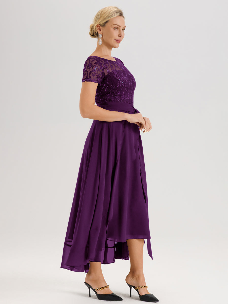 Cicinia Raisin Robe De Mère De La Mariée Longue À Ourlet Asymétrique Ligne A En Dentelle Et Mousseline À Col Rond Et Manches Demi