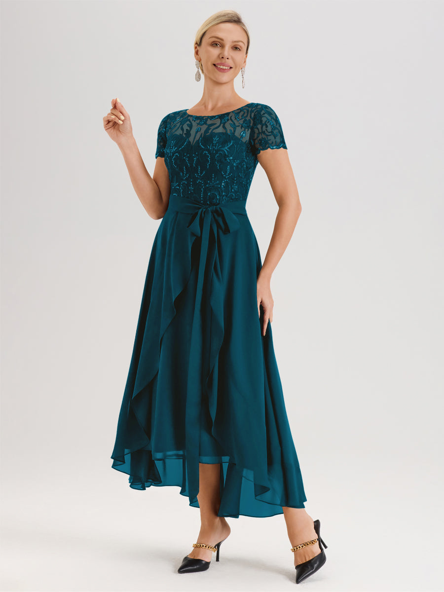 Cicinia Bleu Encre Robe De Mère De La Mariée Longue À Ourlet Asymétrique Ligne A En Dentelle Et Mousseline À Col Rond Et Manches Demi