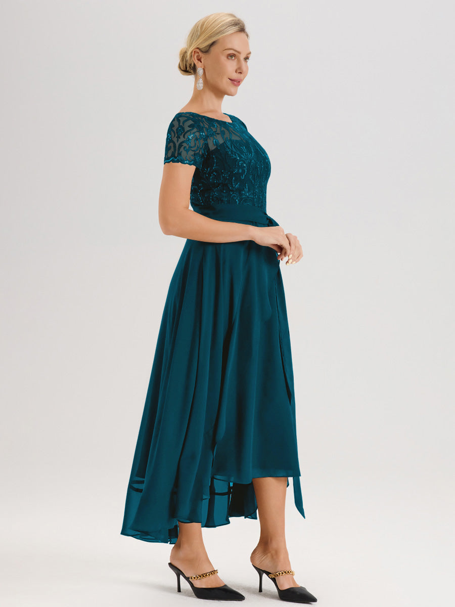 Cicinia Bleu Encre Robe De Mère De La Mariée Longue À Ourlet Asymétrique Ligne A En Dentelle Et Mousseline À Col Rond Et Manches Demi
