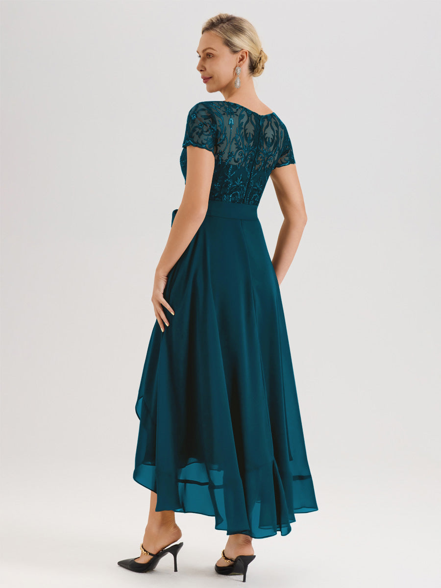 Cicinia Bleu Encre Robe De Mère De La Mariée Longue À Ourlet Asymétrique Ligne A En Dentelle Et Mousseline À Col Rond Et Manches Demi