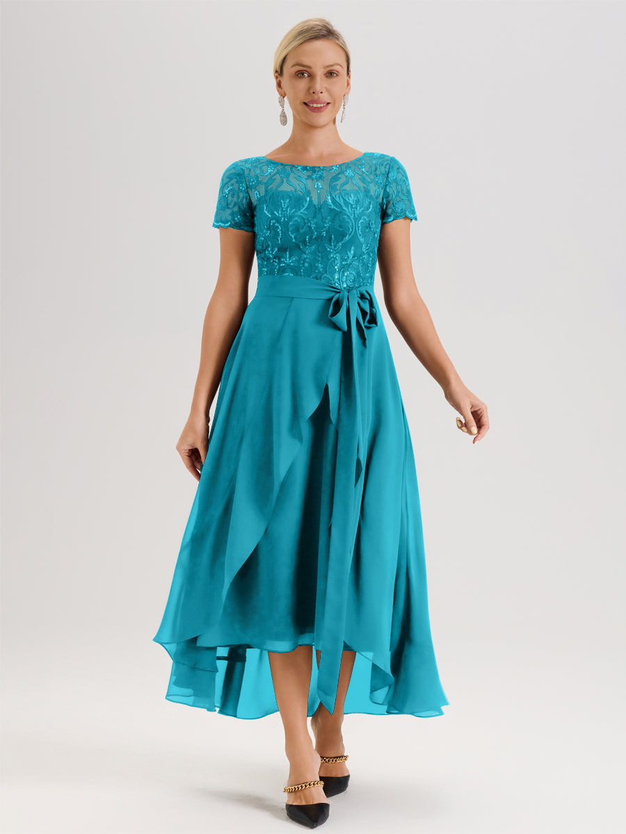 Cicinia Jade Robe De Mère De La Mariée Longue À Ourlet Asymétrique Ligne A En Dentelle Et Mousseline À Col Rond Et Manches Demi