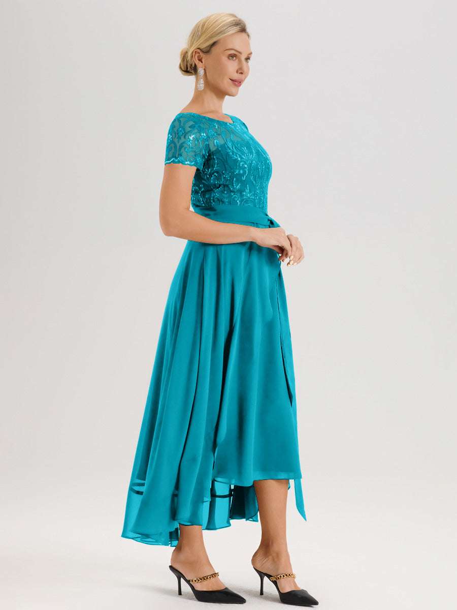 Cicinia Jade Robe De Mère De La Mariée Longue À Ourlet Asymétrique Ligne A En Dentelle Et Mousseline À Col Rond Et Manches Demi