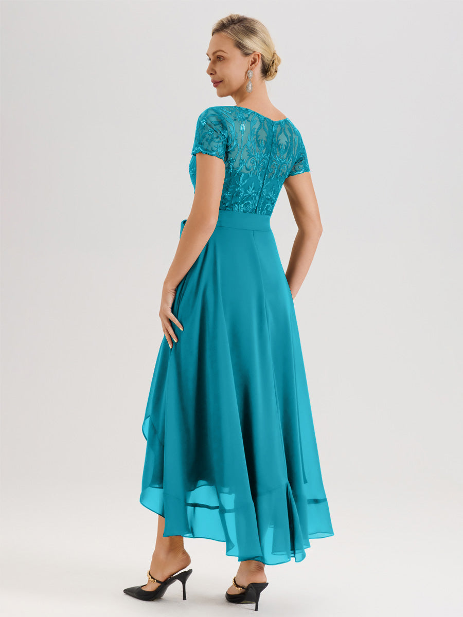 Cicinia Jade Robe De Mère De La Mariée Longue À Ourlet Asymétrique Ligne A En Dentelle Et Mousseline À Col Rond Et Manches Demi