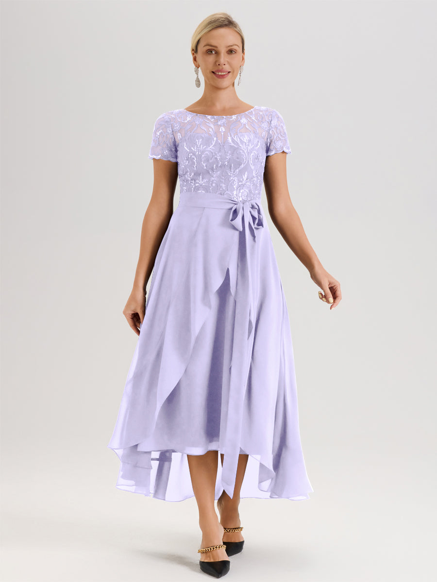 Cicinia Lilas Robe De Mère De La Mariée Longue À Ourlet Asymétrique Ligne A En Dentelle Et Mousseline À Col Rond Et Manches Demi