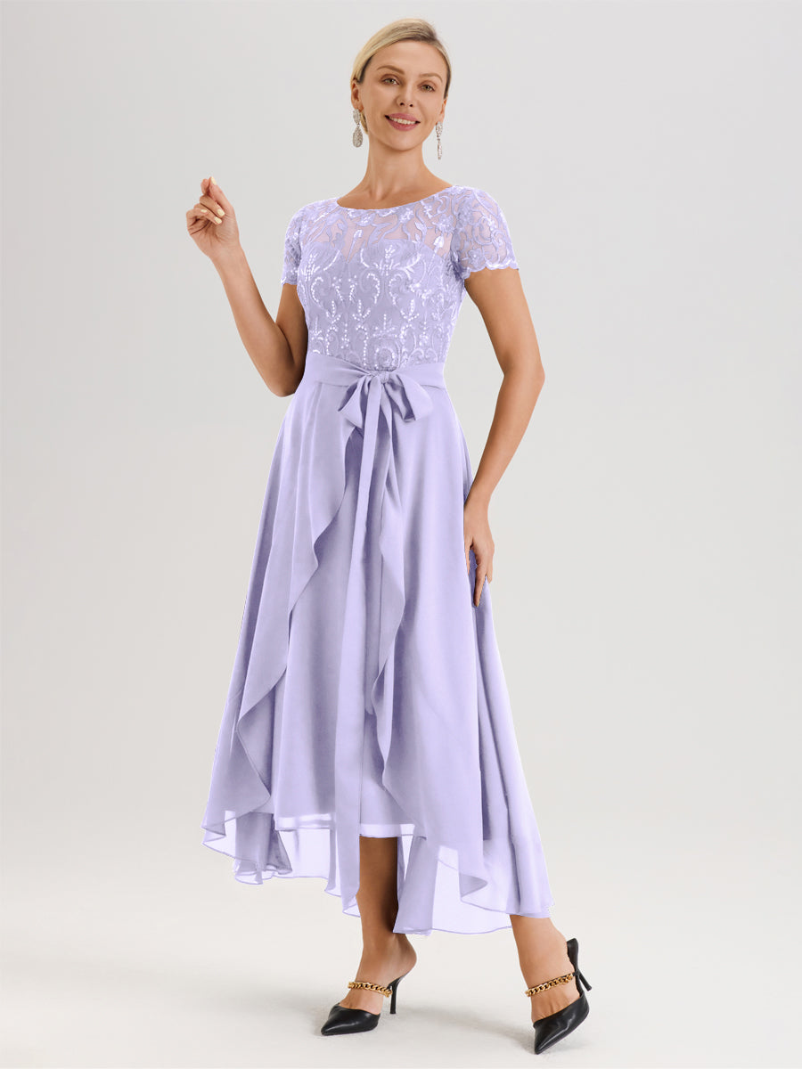 Cicinia Lilas Robe De Mère De La Mariée Longue À Ourlet Asymétrique Ligne A En Dentelle Et Mousseline À Col Rond Et Manches Demi