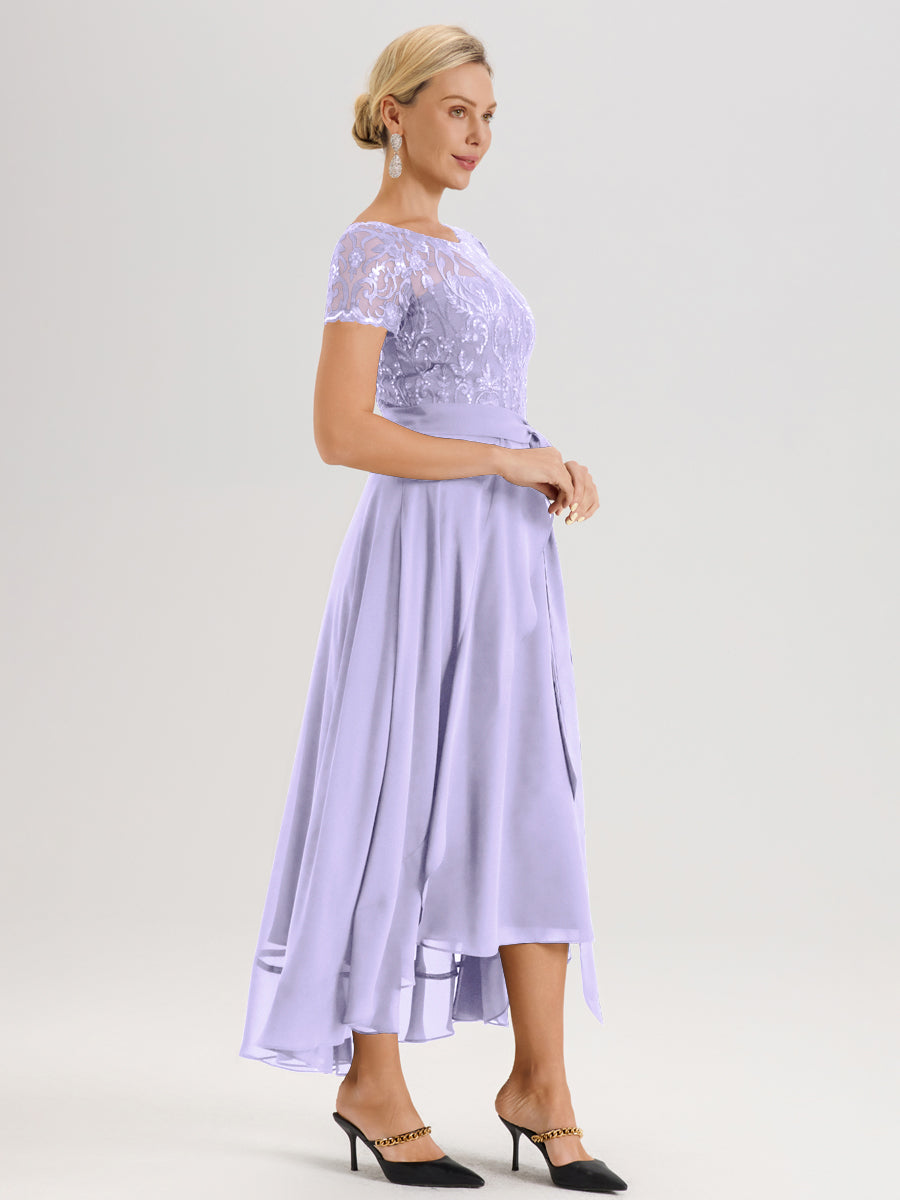 Cicinia Lilas Robe De Mère De La Mariée Longue À Ourlet Asymétrique Ligne A En Dentelle Et Mousseline À Col Rond Et Manches Demi