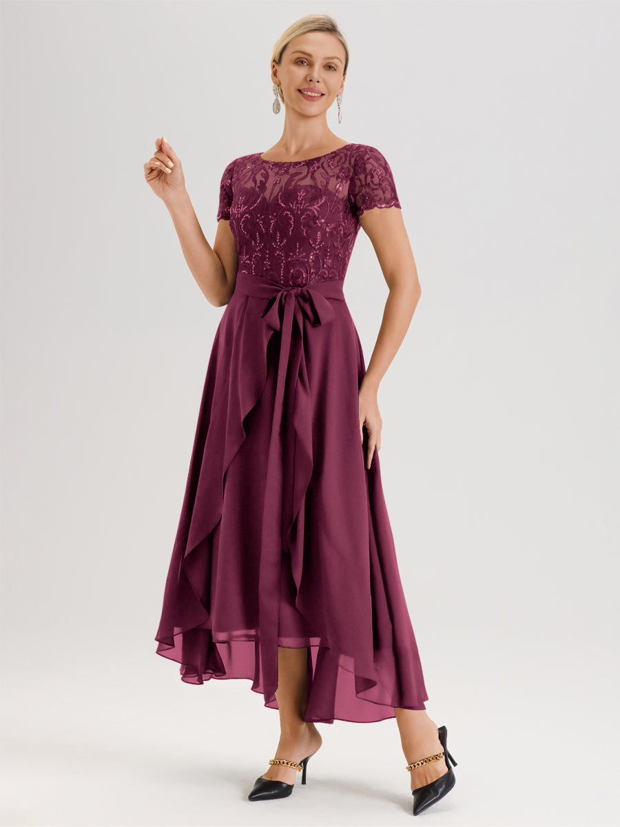 Cicinia Mûre Robe De Mère De La Mariée Longue À Ourlet Asymétrique Ligne A En Dentelle Et Mousseline À Col Rond Et Manches Demi