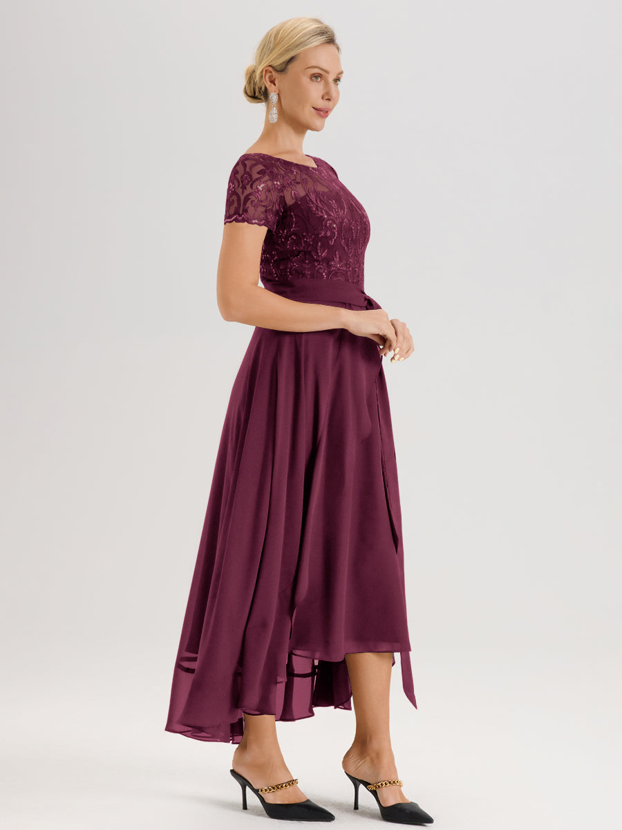 Cicinia Mûre Robe De Mère De La Mariée Longue À Ourlet Asymétrique Ligne A En Dentelle Et Mousseline À Col Rond Et Manches Demi