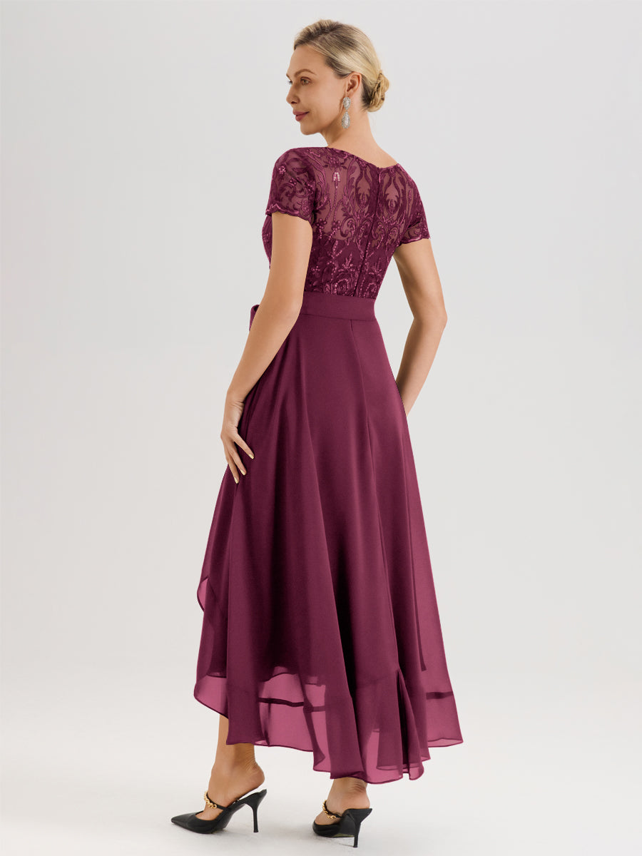 Cicinia Mûre Robe De Mère De La Mariée Longue À Ourlet Asymétrique Ligne A En Dentelle Et Mousseline À Col Rond Et Manches Demi