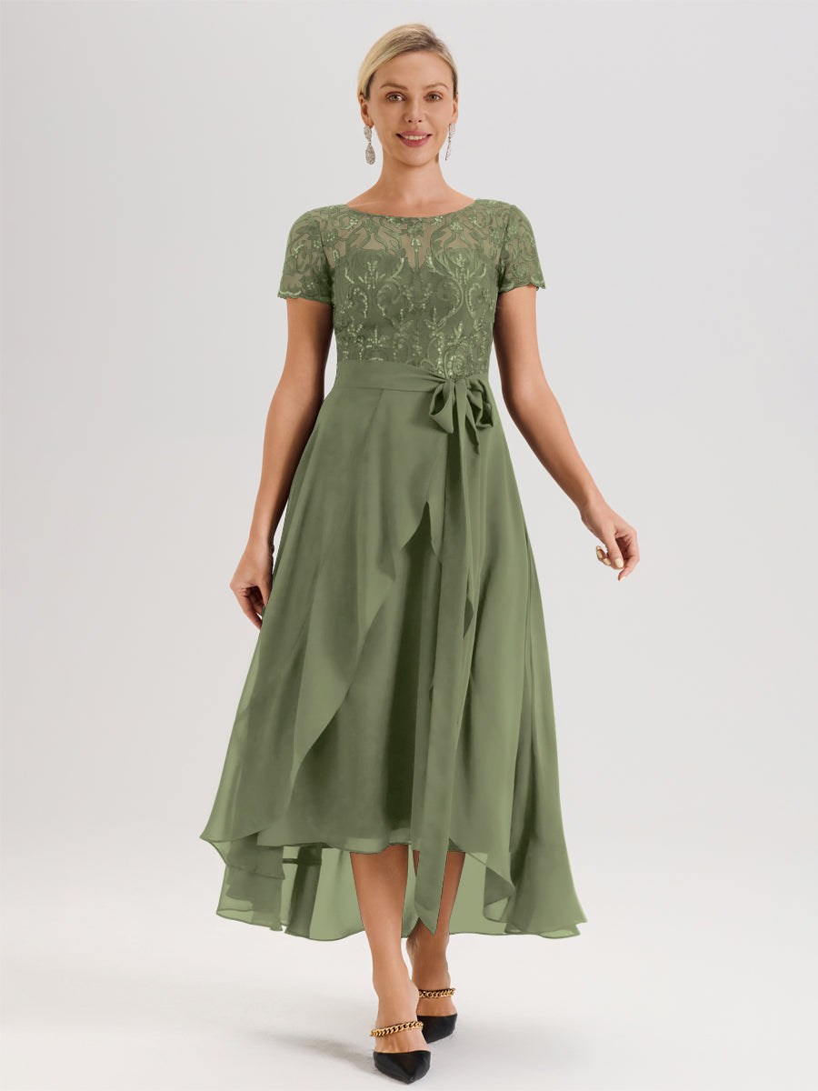 Cicinia Vert Olive Robe De Mère De La Mariée Longue À Ourlet Asymétrique Ligne A En Dentelle Et Mousseline À Col Rond Et Manches Demi