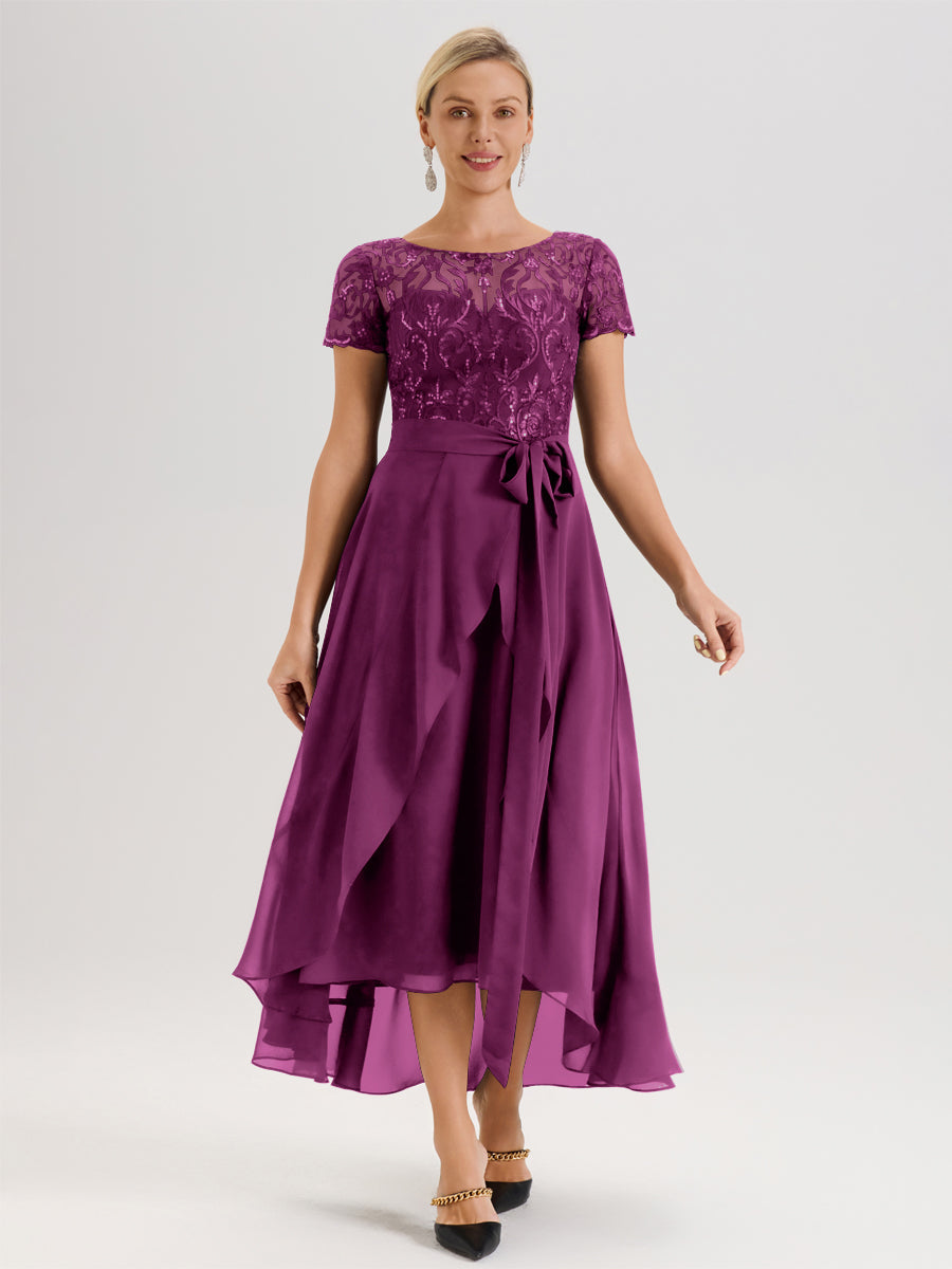 Cicinia Orchidée Robe De Mère De La Mariée Longue À Ourlet Asymétrique Ligne A En Dentelle Et Mousseline À Col Rond Et Manches Demi