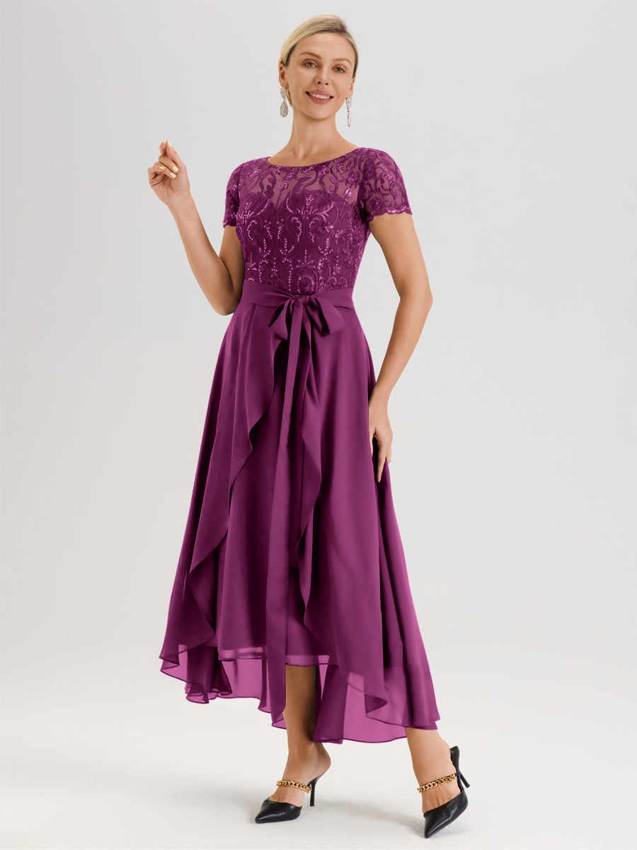 Cicinia Orchidée Robe De Mère De La Mariée Longue À Ourlet Asymétrique Ligne A En Dentelle Et Mousseline À Col Rond Et Manches Demi