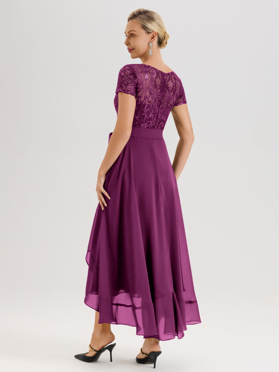 Cicinia Orchidée Robe De Mère De La Mariée Longue À Ourlet Asymétrique Ligne A En Dentelle Et Mousseline À Col Rond Et Manches Demi
