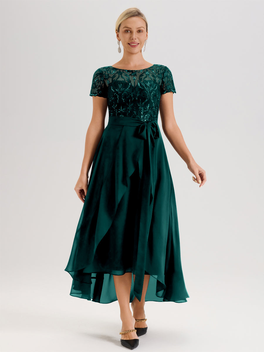 Cicinia Paon Robe De Mère De La Mariée Longue À Ourlet Asymétrique Ligne A En Dentelle Et Mousseline À Col Rond Et Manches Demi