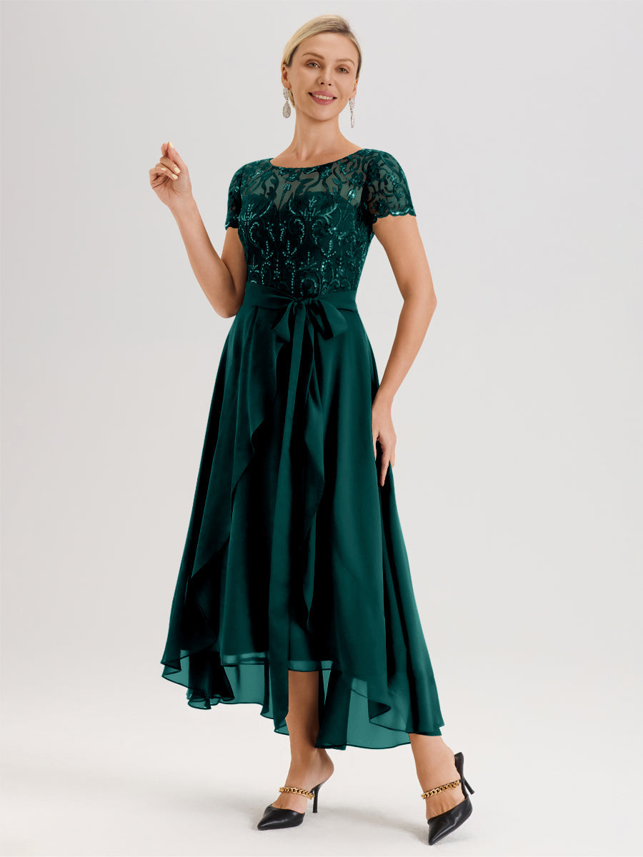 Cicinia Paon Robe De Mère De La Mariée Longue À Ourlet Asymétrique Ligne A En Dentelle Et Mousseline À Col Rond Et Manches Demi