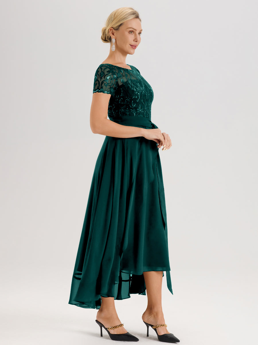 Cicinia Paon Robe De Mère De La Mariée Longue À Ourlet Asymétrique Ligne A En Dentelle Et Mousseline À Col Rond Et Manches Demi