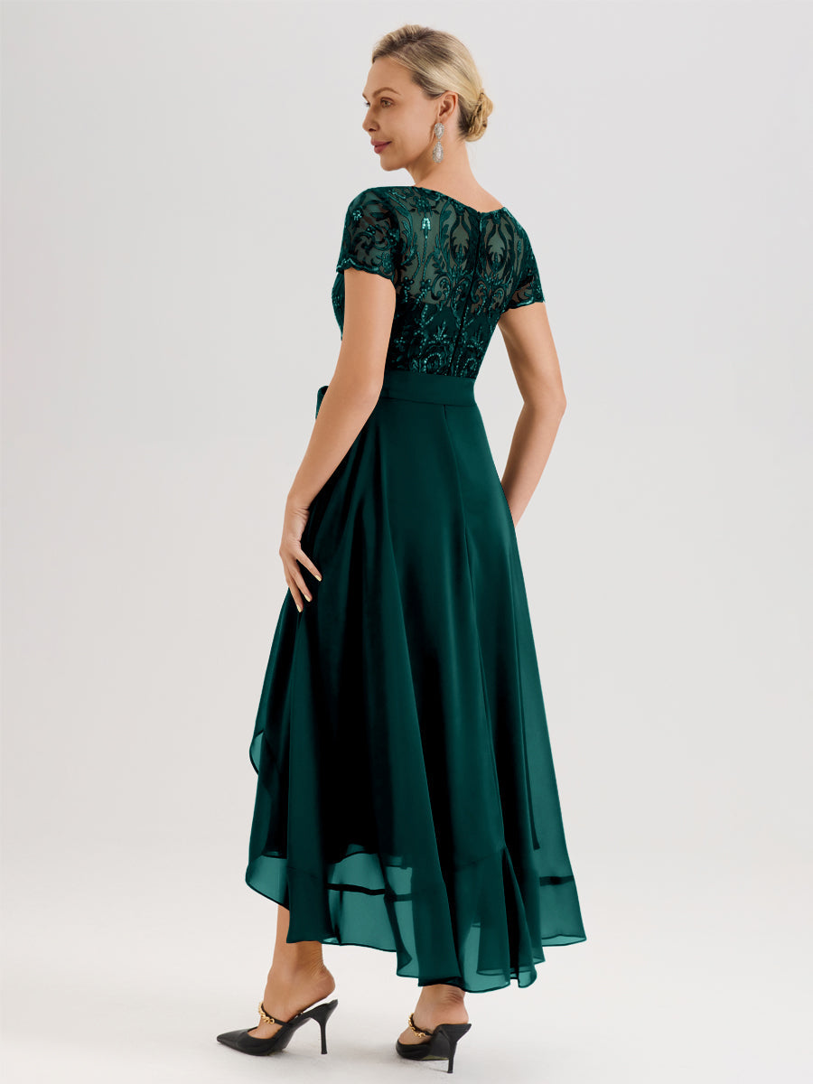 Cicinia Paon Robe De Mère De La Mariée Longue À Ourlet Asymétrique Ligne A En Dentelle Et Mousseline À Col Rond Et Manches Demi