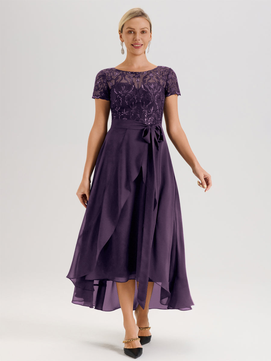 Cicinia Plum Robe De Mère De La Mariée Longue À Ourlet Asymétrique Ligne A En Dentelle Et Mousseline À Col Rond Et Manches Demi