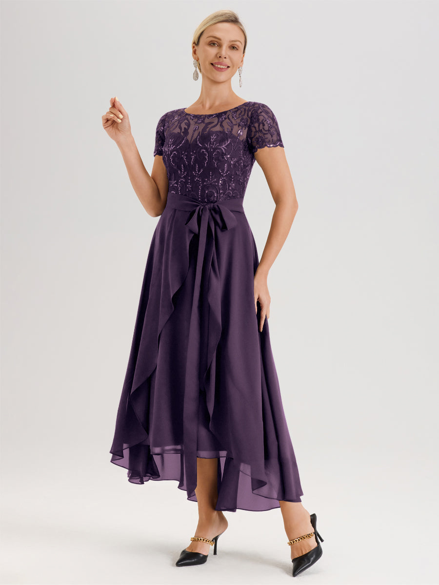 Cicinia Plum Robe De Mère De La Mariée Longue À Ourlet Asymétrique Ligne A En Dentelle Et Mousseline À Col Rond Et Manches Demi