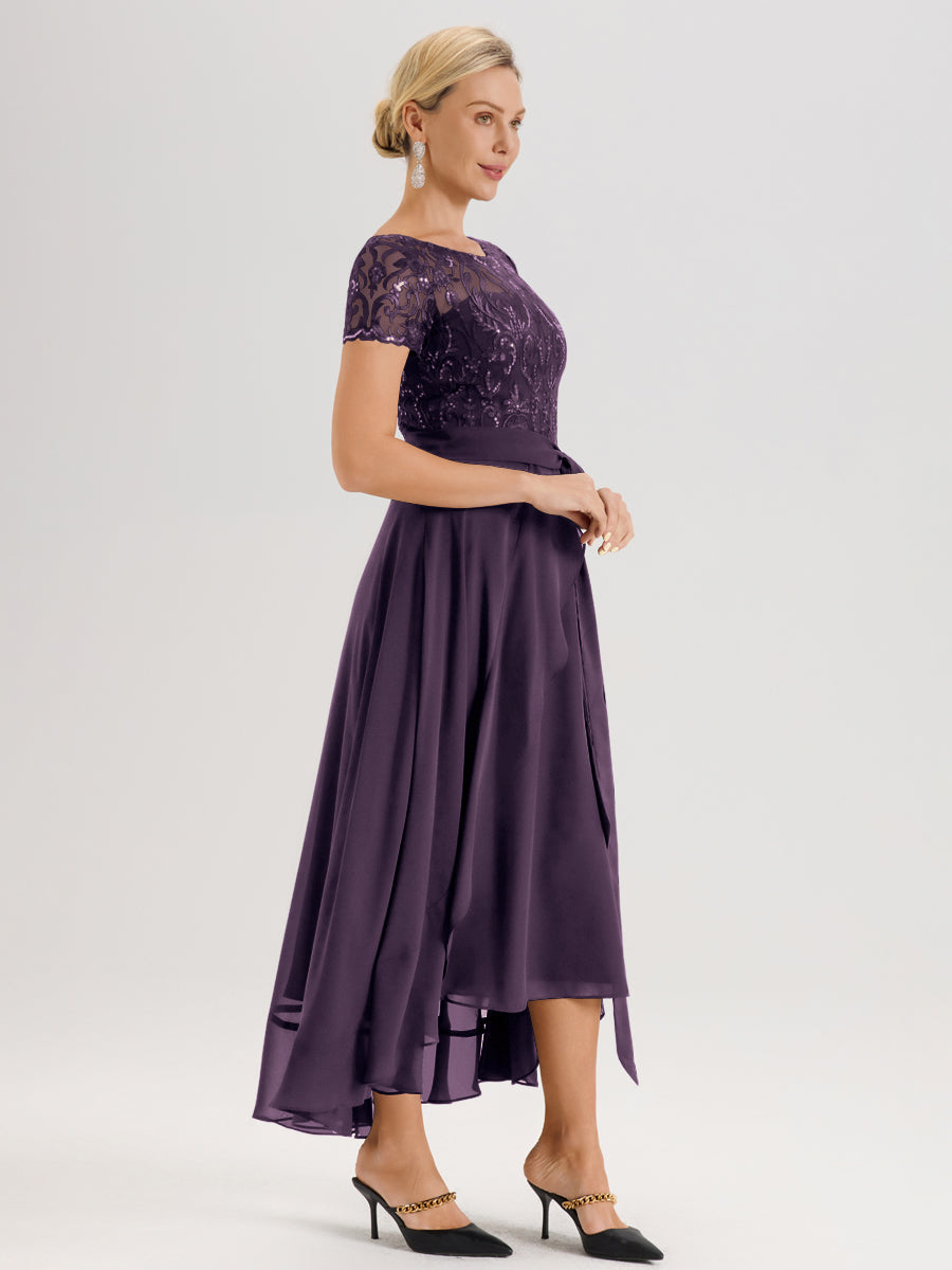 Cicinia Plum Robe De Mère De La Mariée Longue À Ourlet Asymétrique Ligne A En Dentelle Et Mousseline À Col Rond Et Manches Demi