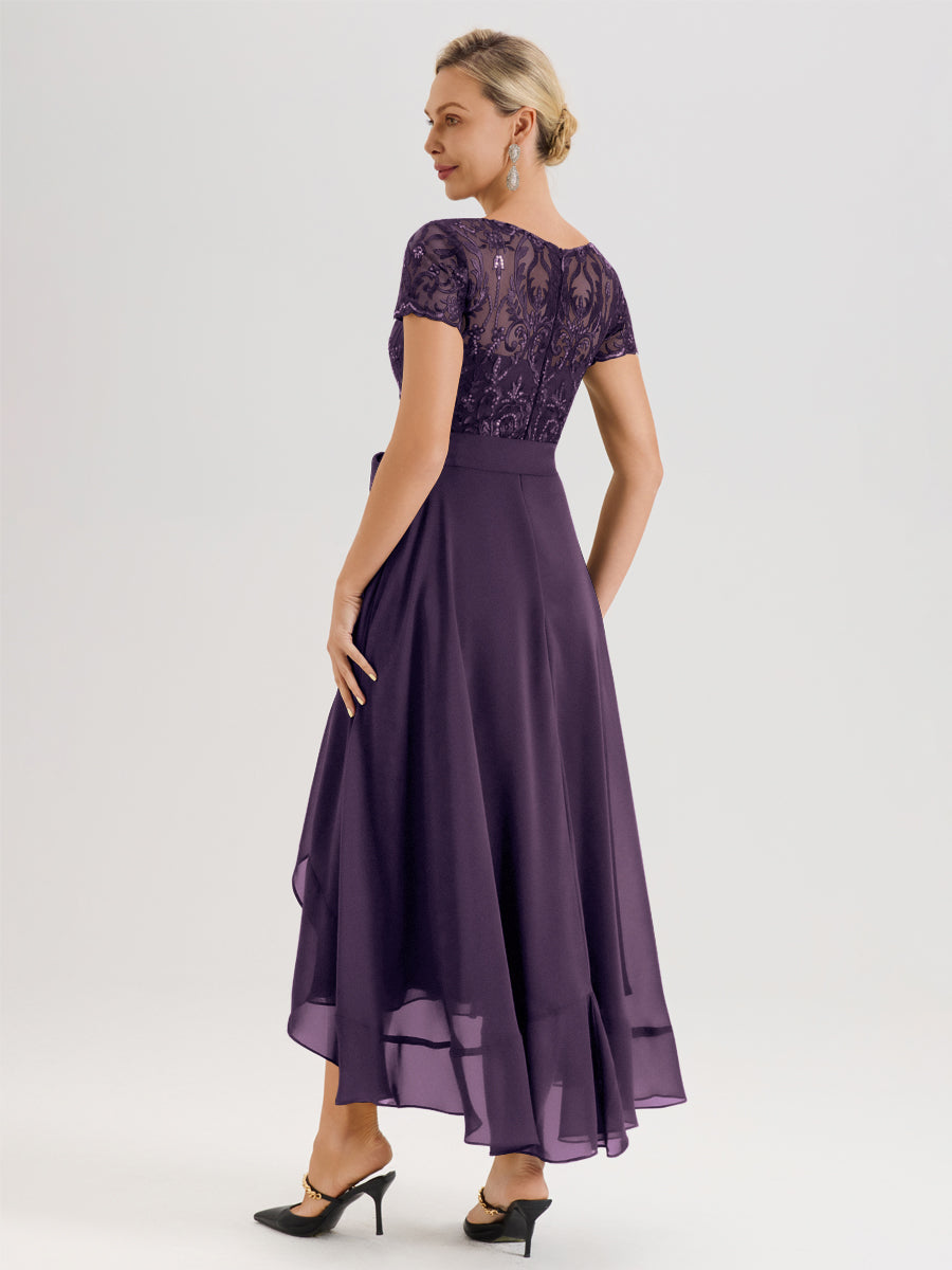 Cicinia Plum Robe De Mère De La Mariée Longue À Ourlet Asymétrique Ligne A En Dentelle Et Mousseline À Col Rond Et Manches Demi