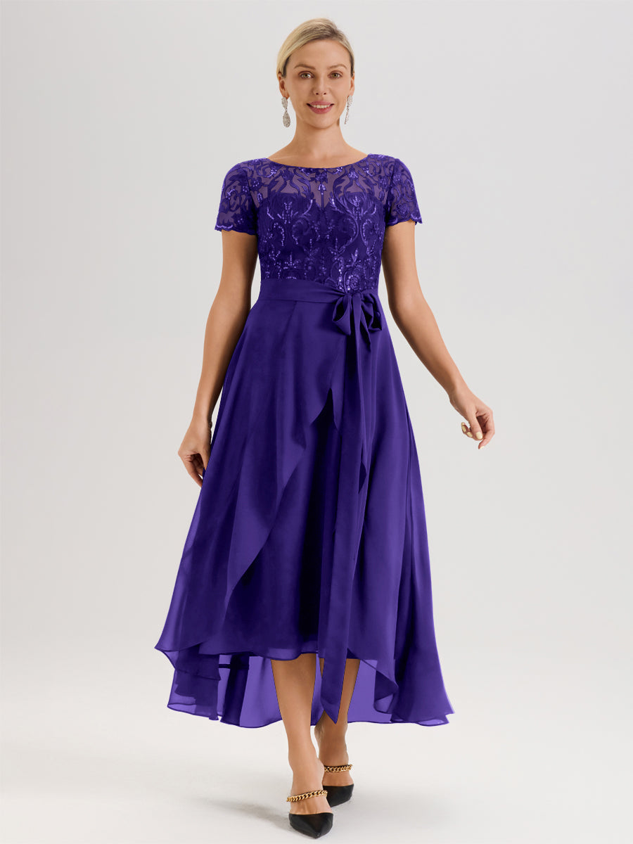 Cicinia Régence Robe De Mère De La Mariée Longue À Ourlet Asymétrique Ligne A En Dentelle Et Mousseline À Col Rond Et Manches Demi