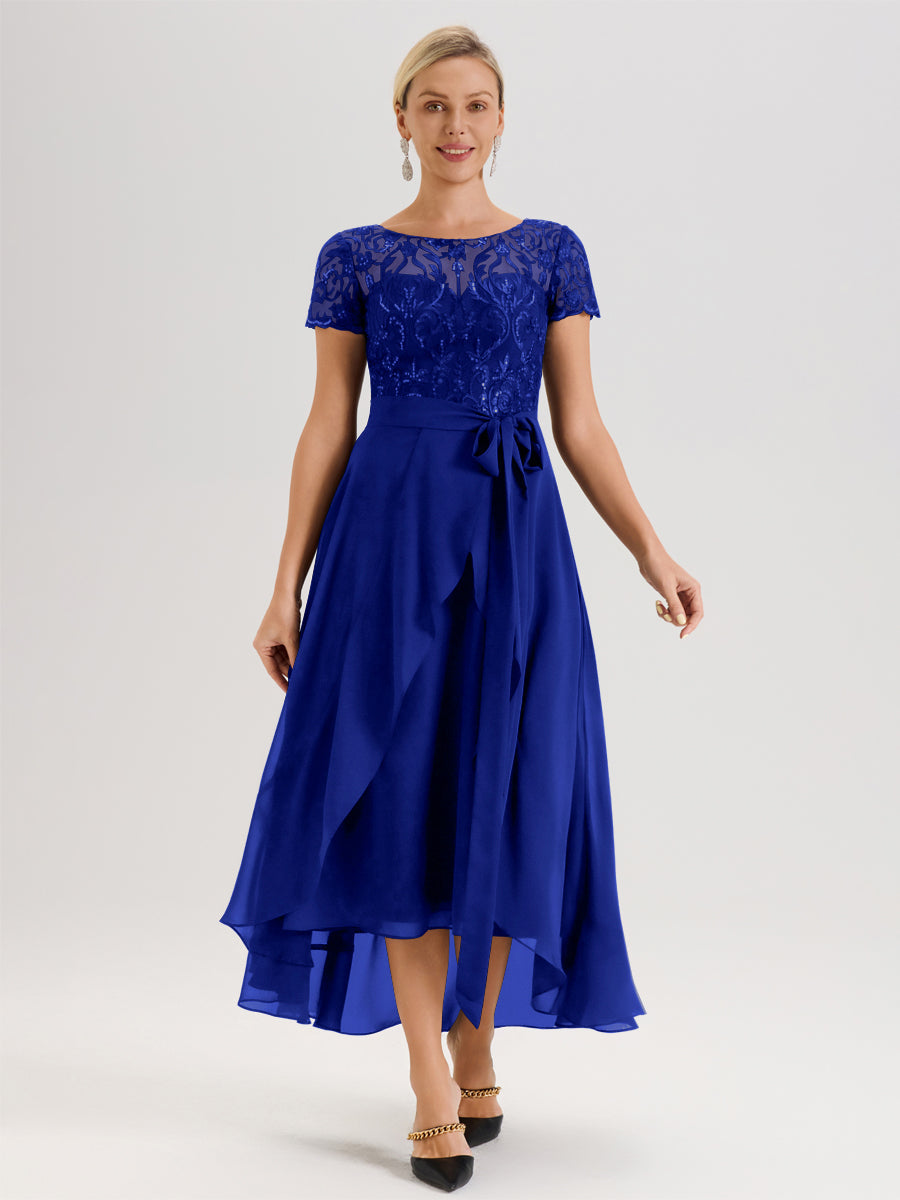 Cicinia Bleu Royale Robe De Mère De La Mariée Longue À Ourlet Asymétrique Ligne A En Dentelle Et Mousseline À Col Rond Et Manches Demi