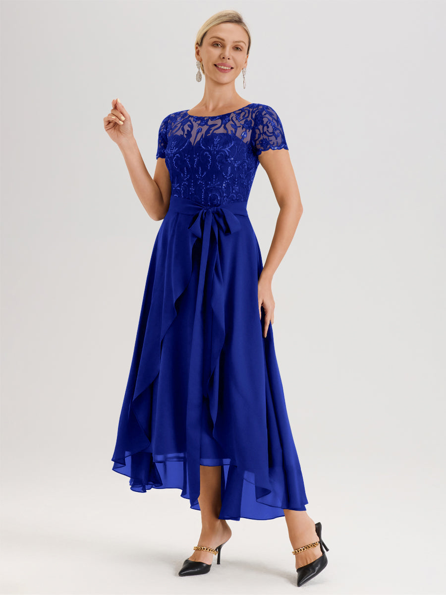 Cicinia Bleu Royale Robe De Mère De La Mariée Longue À Ourlet Asymétrique Ligne A En Dentelle Et Mousseline À Col Rond Et Manches Demi