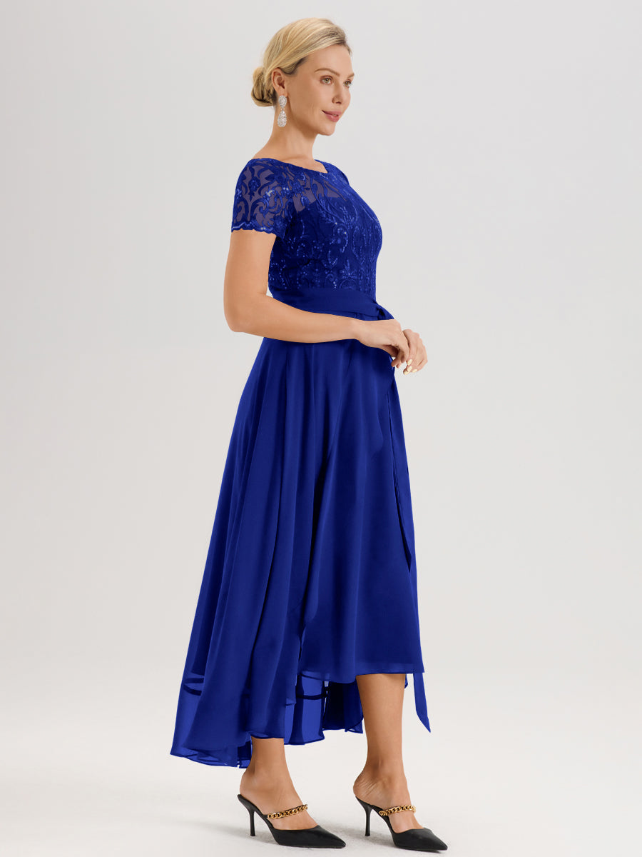 Cicinia Bleu Royale Robe De Mère De La Mariée Longue À Ourlet Asymétrique Ligne A En Dentelle Et Mousseline À Col Rond Et Manches Demi
