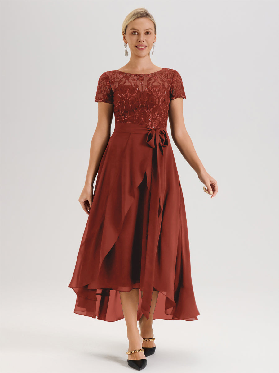 Cicinia Rouille Robe De Mère De La Mariée Longue À Ourlet Asymétrique Ligne A En Dentelle Et Mousseline À Col Rond Et Manches Demi