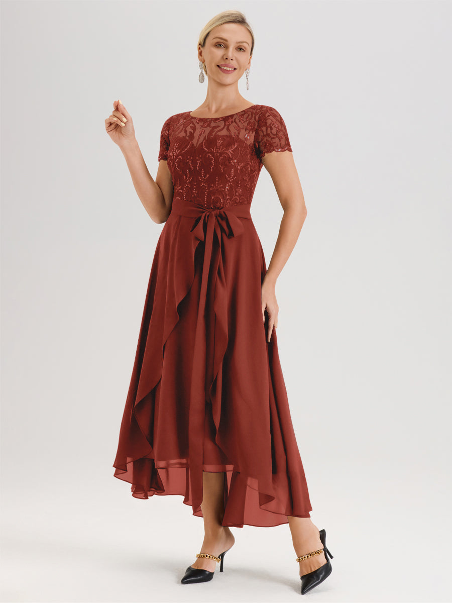 Cicinia Rouille Robe De Mère De La Mariée Longue À Ourlet Asymétrique Ligne A En Dentelle Et Mousseline À Col Rond Et Manches Demi