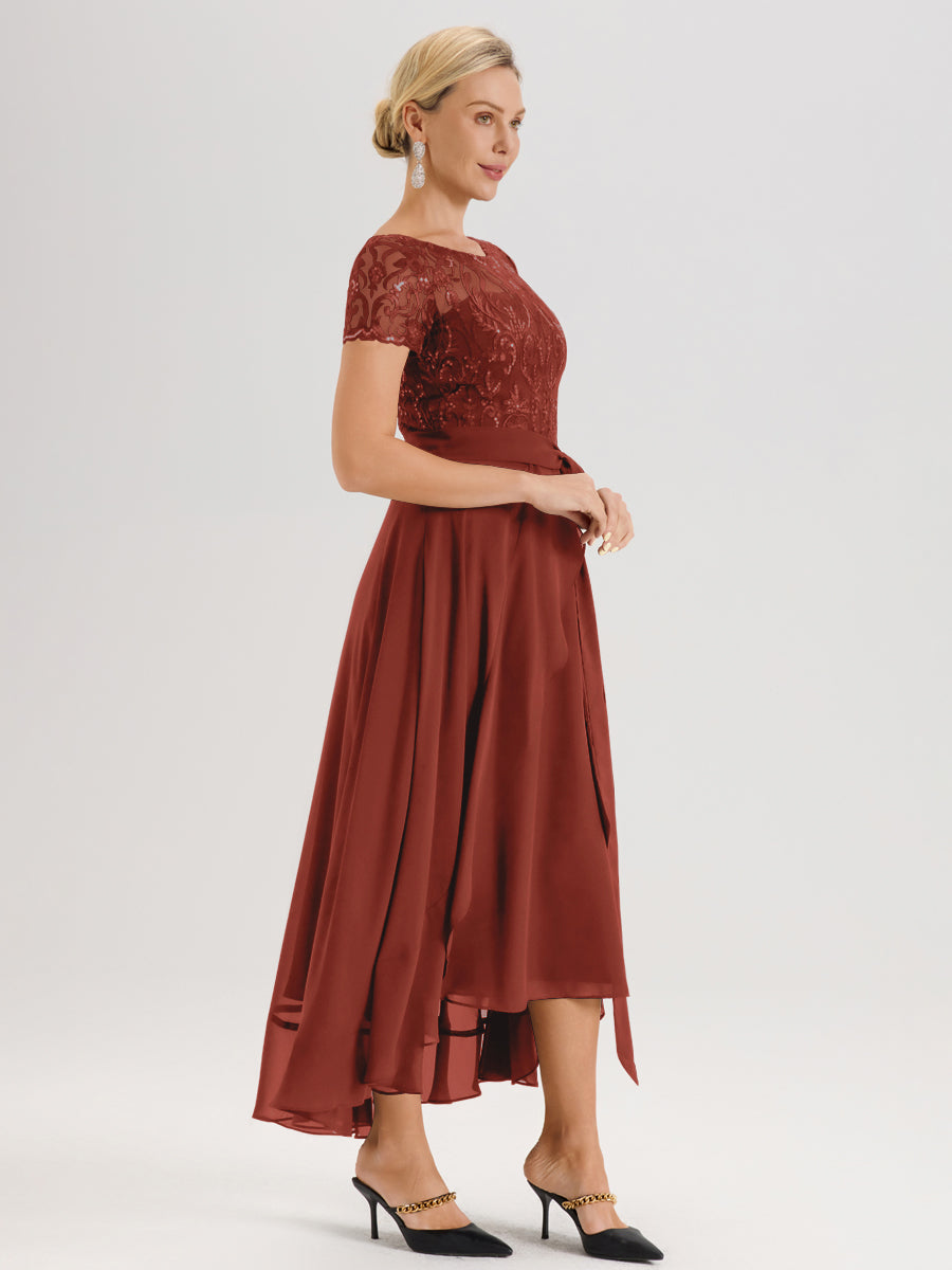 Cicinia Rouille Robe De Mère De La Mariée Longue À Ourlet Asymétrique Ligne A En Dentelle Et Mousseline À Col Rond Et Manches Demi