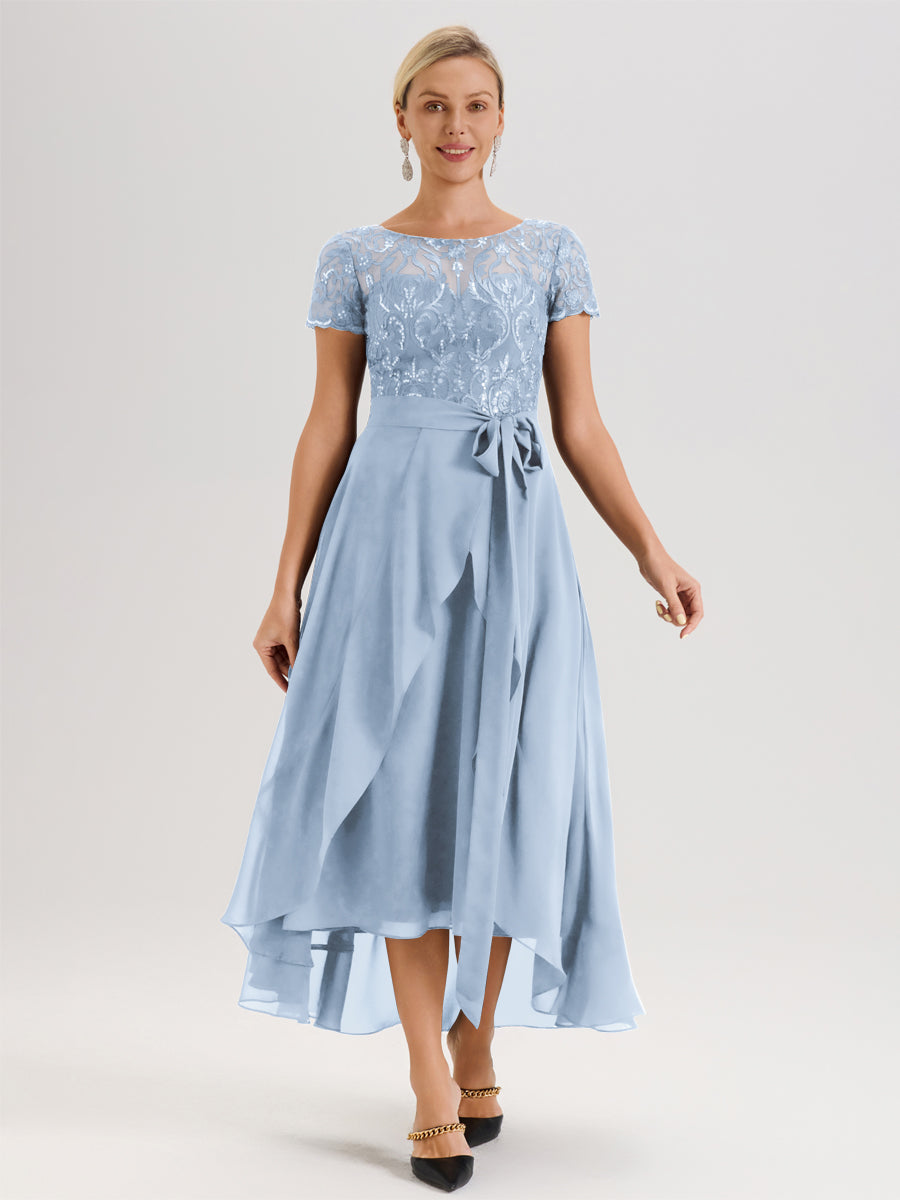 Cicinia Bleu Ciel Robe De Mère De La Mariée Longue À Ourlet Asymétrique Ligne A En Dentelle Et Mousseline À Col Rond Et Manches Demi